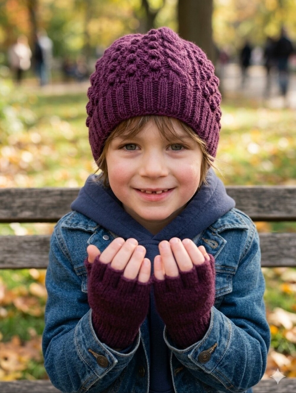 Kids Knit Beanie and Fingerless Gloves Set - Plum